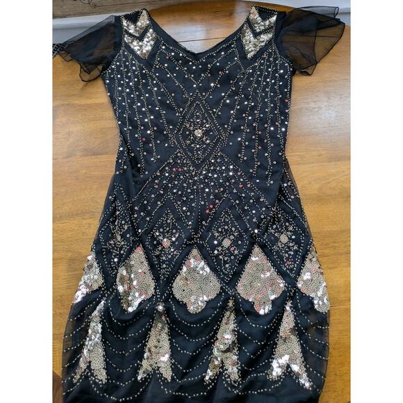 Black Deco Mermaid Gown XL Gold Sequin Flapper Flutter Sleeve NYE Evening Dress - Picture 5 of 8